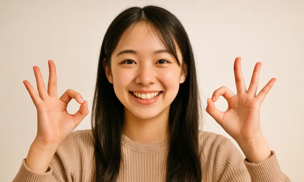 両手でOKポーズをとる女性
