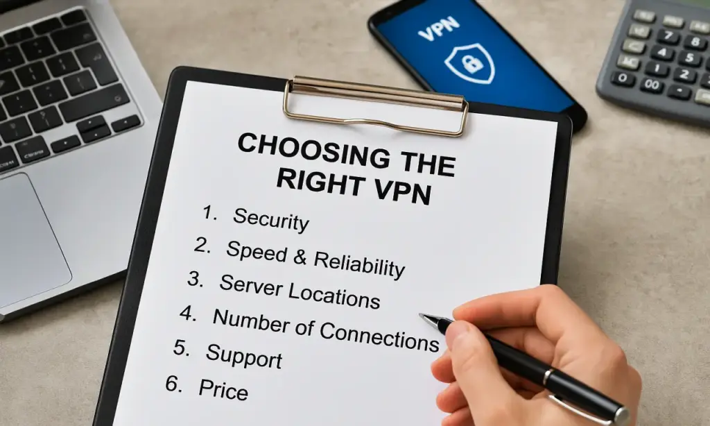VPNを選ぶ条件6つを記載した用紙にチェックを入れる画像