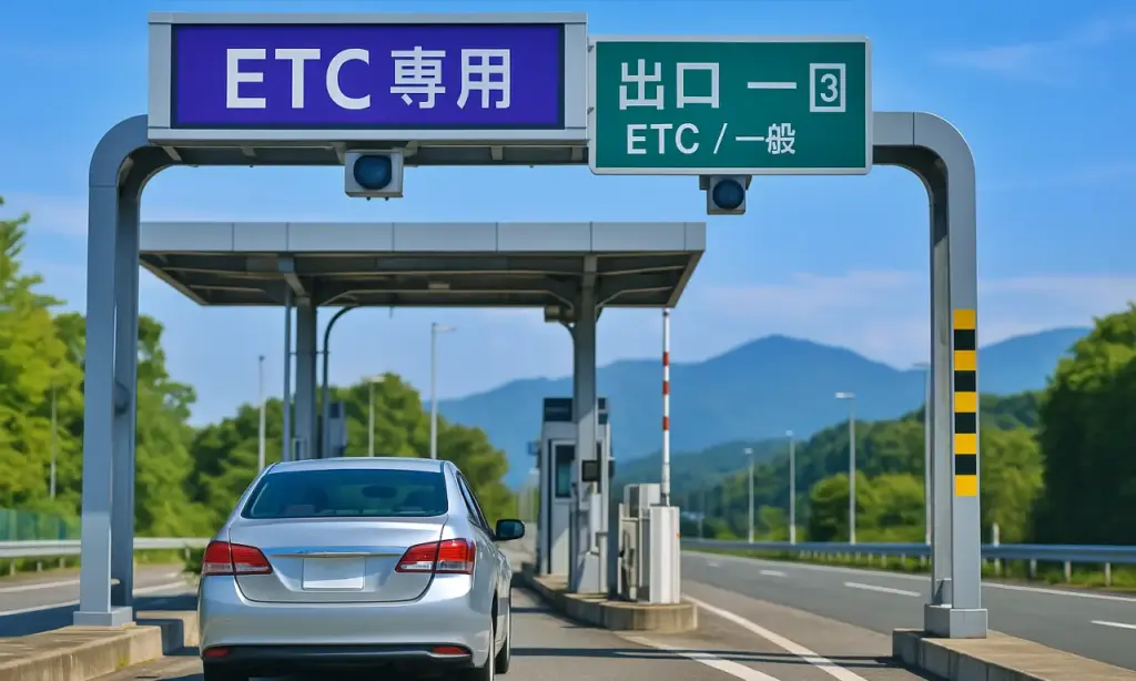 ETC専用の出口に乗用車が進む場面