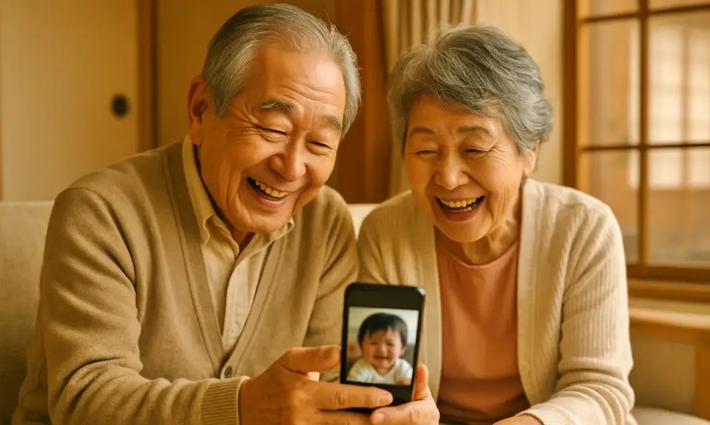 孫の写真に喜ぶ祖父母