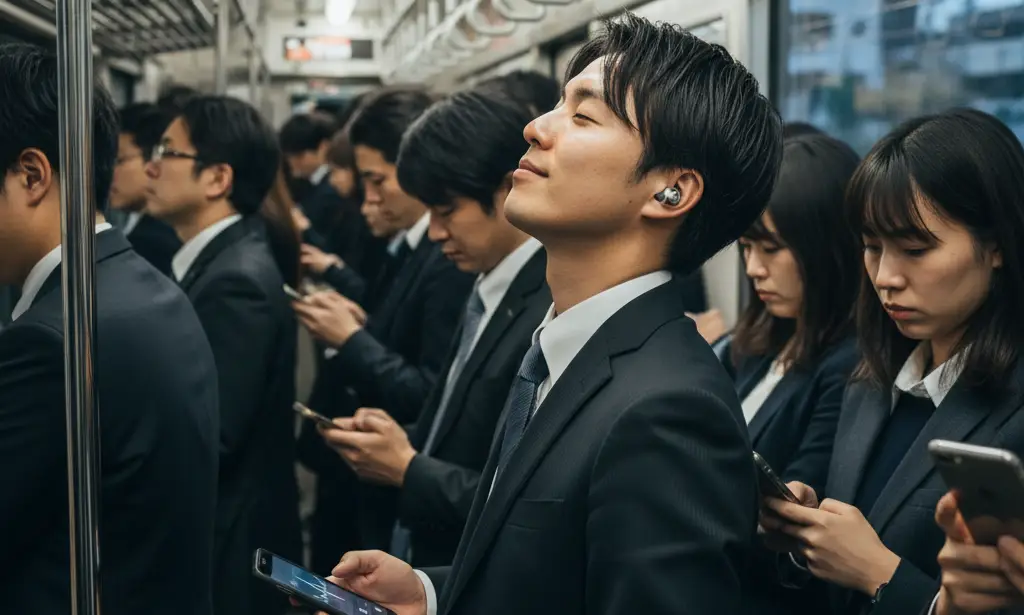 電車の中でAudibleを聴く男性