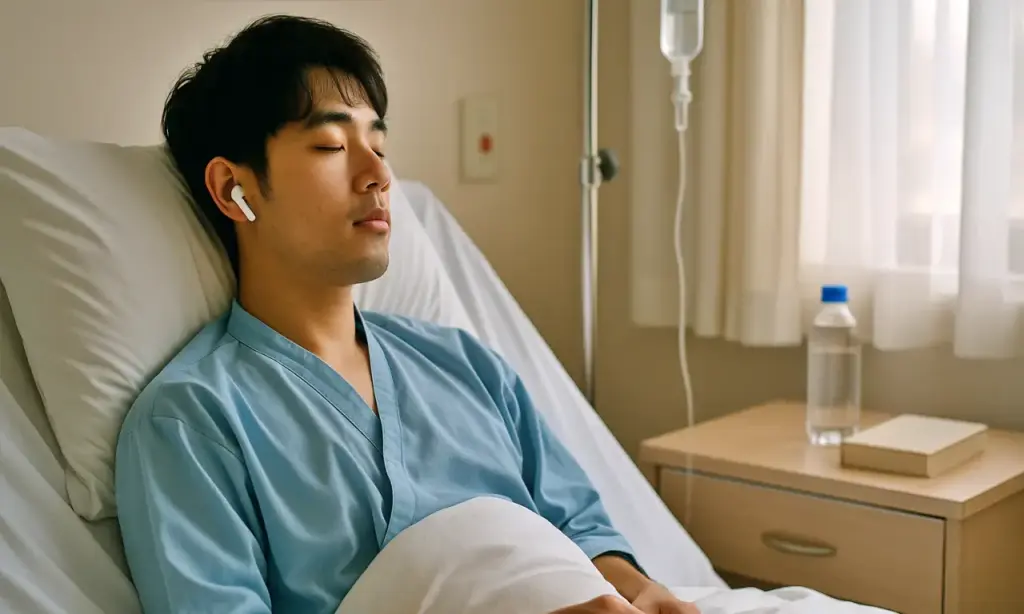 入院中にAudibleを聴く男性