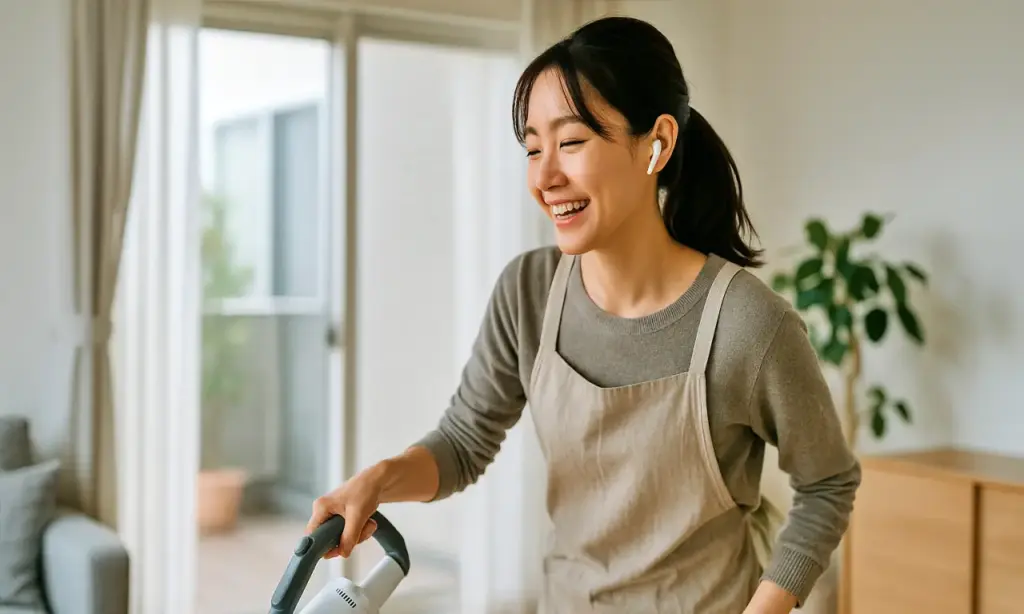 掃除機をかけながらAudibleを聴く女性