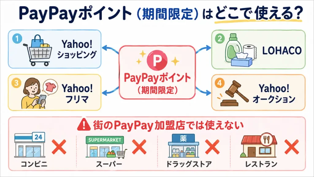 PayPayポイント(期間限定)が使える場所と使えない場所をまとめた画像