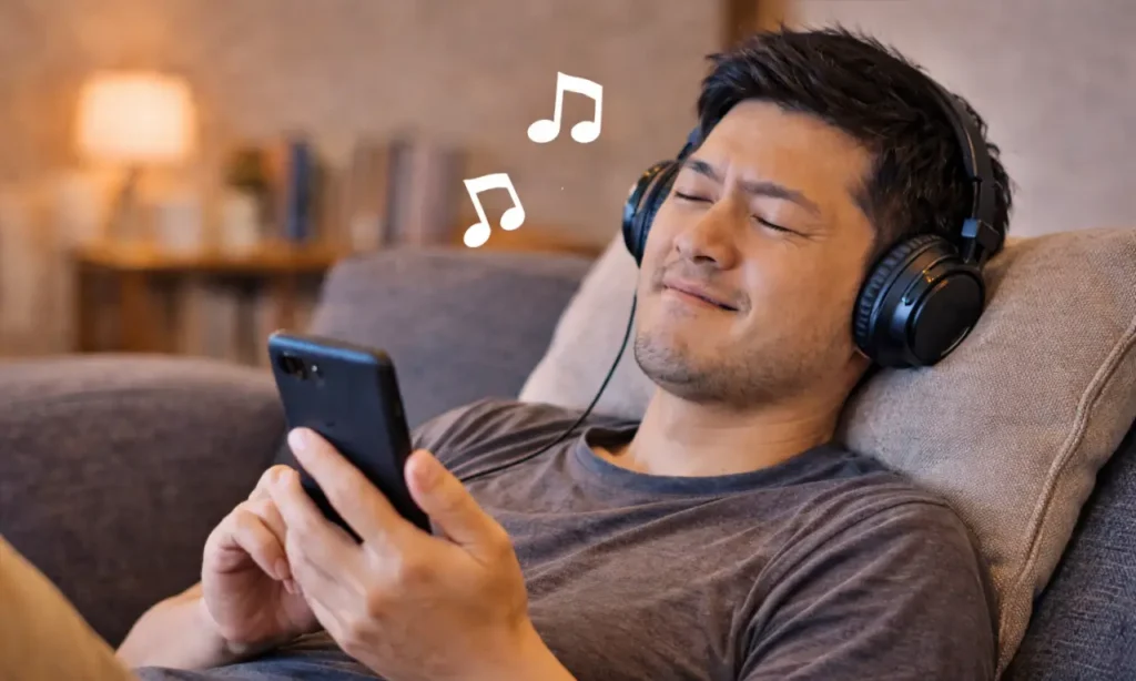 オーディオブックをリラックスして聴いている男性