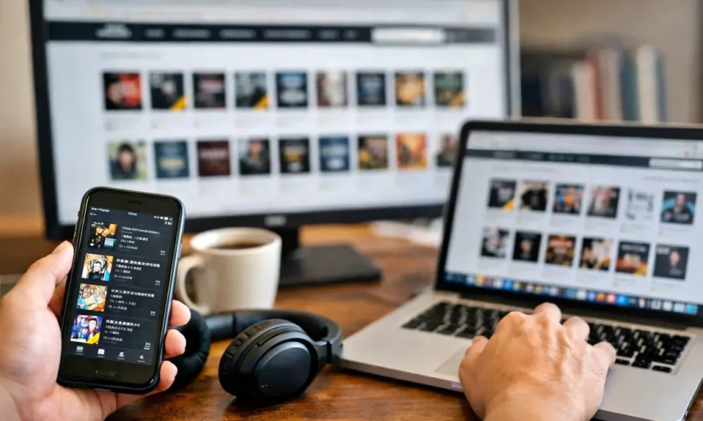 パソコン・スマホで作品検索しているイメージ画像