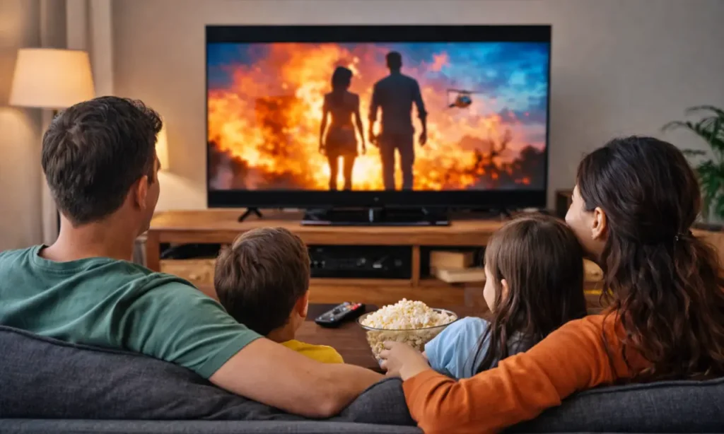 テレビで映画を楽しむ4人家族の後ろ姿