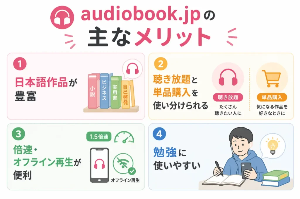 audiobook.jpのメリットをまとめた画像