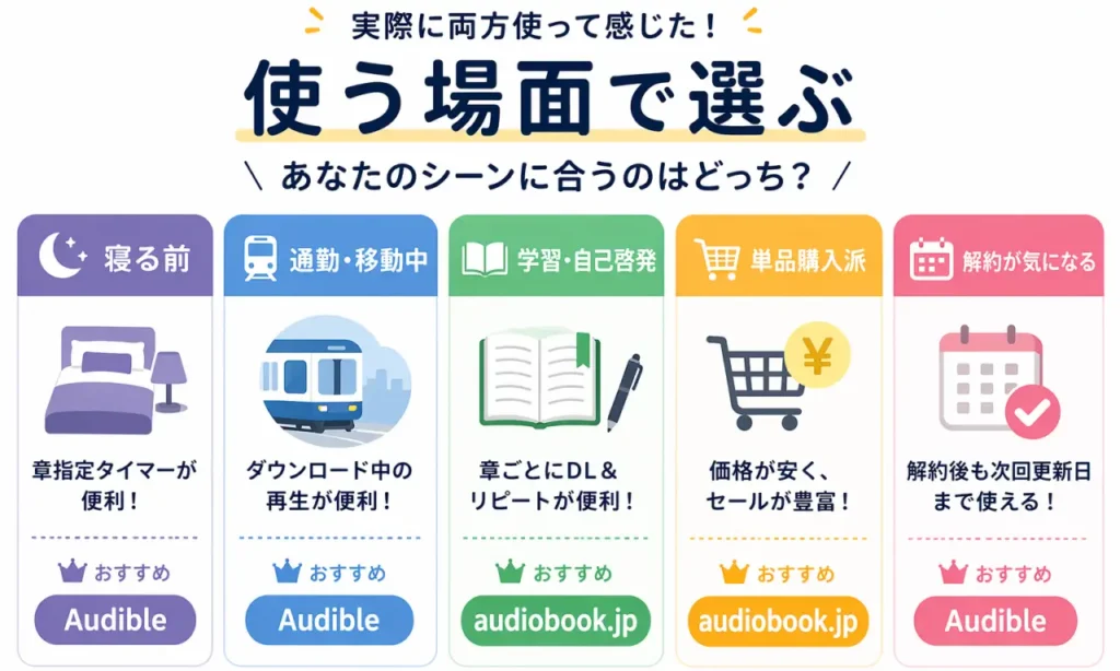 シーンごとのAudibleとaudiobook.jpのおすすめ